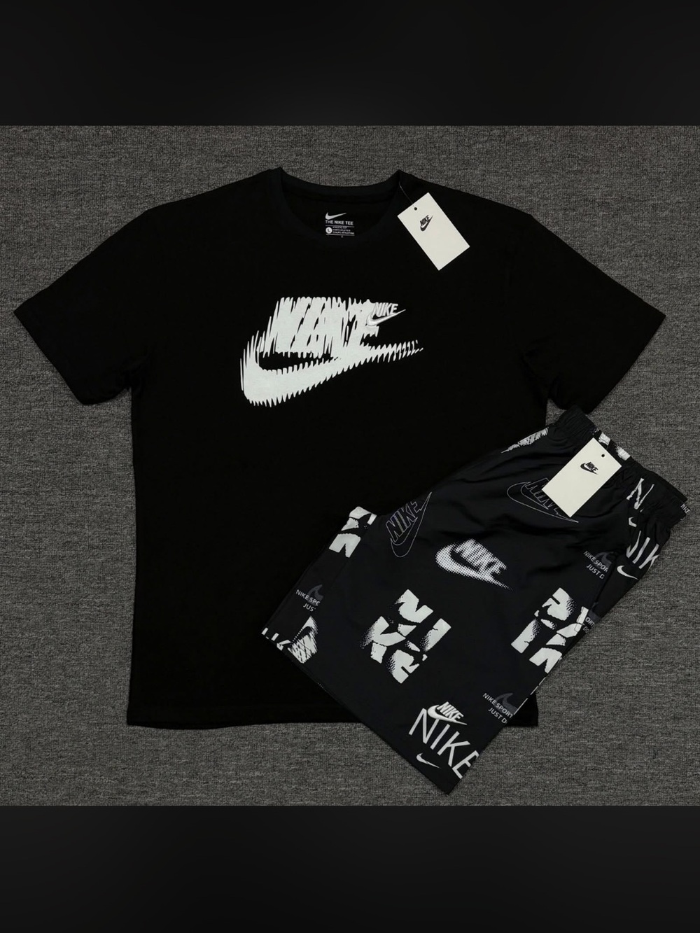 Nike Black Tee and Shorts Set with White Logo Graphics